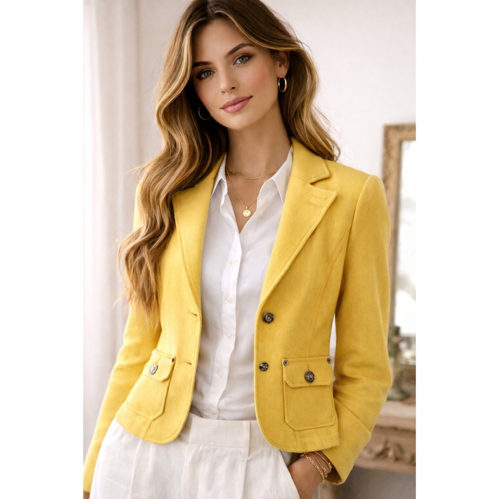 VTG 90s Y2K Fillmore Yellow Wool Blend Blazer Tailored Jacket S Classic Dopamine
